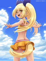 1girl :d ass awa bikini blonde_hair blush cloud copyright_name day dog_tail female_focus from_behind glasses hair_ribbon long_hair looking_at_viewer looking_back open_mouth outdoors outstretched_arms retoree_(show_by_rock!!) ribbon show_by_rock!! sky smile solo spread_arms swimsuit tail twintails yellow_eyes