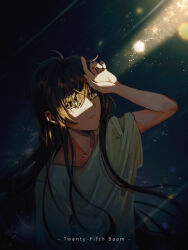 Rule 34 | 1boy, absurdres, arm up, brown hair, character name, closed mouth, collarbone, gradient background, hand on own head, highres, light particles, light rays, long hair, looking at viewer, robe, shadow, solo, star (sky), starry sky background, tower of god, twenty-fifth bam, upper body, very long hair, viloost, white robe, yellow eyes