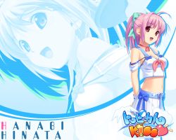 10s 1girl ahoge belt choker female_focus hair_ornament hair_ribbon hinata_hanabi koutaro midriff navel open_mouth pink_hair red_eyes ribbon skirt solo tropical_kiss waitress