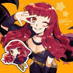 1girl absurdres belt black_bodysuit black_cape blush bodysuit breasts cape chibi choker cleavage clothing_cutout commentary_request dated fire_emblem fire_emblem_engage grin hair_ornament highres index_finger_raised long_hair looking_at_viewer mochako_(motyako_1005) nintendo one_eye_closed pink_choker red_eyes red_hair simple_background smile star_(symbol) star_hair_ornament twitter_username w yellow_background yellow_belt yunaka_(fire_emblem)