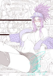 Rule 34 | 4girls, absurdres, ahri (league of legends), akali, animal ears, bare shoulders, baseball cap, black choker, black skirt, breasts, center opening, choker, cleavage, commentary request, english text, evelynn (league of legends), facial mark, fox ears, glasses, hair over shoulder, hands on own hips, hat, highres, jacket, jun wu mo, k/da (league of legends), k/da ahri, k/da akali, k/da evelynn, k/da kai&#039;sa, kai&#039;sa, large breasts, league of legends, long hair, multiple girls, navel, ponytail, purple hair, purple jacket, red-framed eyewear, sitting, skirt, smile, stomach, thighhighs, tongue, tongue out, torn clothes, torn thighhighs