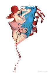 1boy blood blue_hair buggy_the_clown closed_eyes clown_nose cursive drop_shadow ear_piercing english_text expressionless eyelashes facepaint facing_up from_side highres male_focus one_piece piercing simple_background sparse_stubble vamos_mk white_background