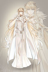 1girl alternate_costume belt blonde_hair blue_eyes breasts dress earrings full_body gloves gold_trim grey_background hair_between_eyes hand_on_own_chest highres hoop_earrings hylia jacket jewelry kurokawa_karasu laurel_crown long_dress long_hair loose_belt medium_breasts nier:automata nier_(series) nintendo pointy_ears solo the_legend_of_zelda the_legend_of_zelda:_skyward_sword triforce white_dress white_gloves white_jacket