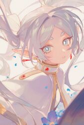 Rule 34 | 1girl, blue flower, blue petals, blush, bright pupils, capelet, earrings, eyelashes, falling petals, floating hair, flower, frieren, grey eyes, hair intakes, highres, jewelry, long hair, looking at viewer, nemophila (flower), parted lips, petals, pointy ears, short eyebrows, sidelocks, solo, sousou no frieren, upper body, white background, white capelet, white hair, white pupils, wsfish8