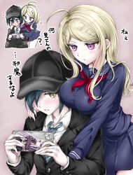 1boy 1girl ahoge akamatsu_kaede black_hat black_serafuku blonde_hair blush breasts brown_eyes character_print danganronpa:_trigger_happy_havoc danganronpa_(series) danganronpa_v3:_killing_harmony hair_ornament hairclip hat highres holding holding_phone kirigiri_kyoko large_breasts long_hair long_sleeves miniskirt moon_(moon0771110) neckerchief phone pout red_neckerchief saihara_shuichi school_uniform serafuku shirt sitting skirt translation_request