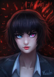 1girl absurdres artist_name black_hair devil_may_cry_(series) green_eyes heterochromia highres lady_(devil_may_cry) red_eyes scar scar_on_face scar_on_nose short_hair signature smile tmiracle