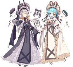 2girls 2others ahoge airgetlam_(kiseki) altina_orion antenna_hair beret blue_hair breasts claiomh_solais_(kiseki) commentary double-parted_bangs dress eiyuu_densetsu floating_hair full_body gloves green_eyes hair_between_eyes hat highres long_hair long_sleeves looking_at_viewer millium_orion multiple_girls multiple_others open_mouth robot sen_no_kiseki sen_no_kiseki_(series) sen_no_kiseki_i sen_no_kiseki_ii short_hair sidelocks simple_background small_breasts smile solo symbol-only_commentary upper_body white_background white_dress white_hair willfin yellow_eyes
