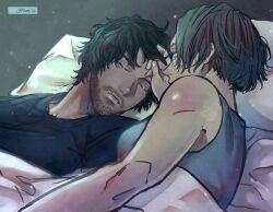 Rule 34 | 1boy, 1girl, artist name, black hair, black shirt, blanket, blue eyes, blue shirt, brown hair, carlos oliveira, closed eyes, jill valentine, lying, mappo m2, pillow, resident evil, resident evil 3: nemesis, resident evil 3 (remake), shirt, signature, sleeping
