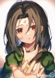 1boy aged_down artist_name bracelet child commentary_request facial_mark fire_emblem fire_emblem:_path_of_radiance fire_emblem_heroes forehead_mark highres jewelry long_hair male_focus nakabayashi_zun nintendo offering_hand red_eyes solo_focus soren_(fire_emblem) soren_(hushed_voice)_(fire_emblem) upper_body