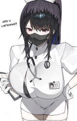 1girl absurdres alternate_costume black_bra black_hair blue_hair bra breasts cleavage clipboard colored_inner_hair commentary demon_horns dress english_commentary english_text ewn gloves hat highres holding holding_clipboard hololive hololive_english horns lace lace-trimmed_bra lace_trim large_breasts long_hair looking_at_viewer mask mole mole_under_eye mouth_mask multicolored_hair name_tag nerissa_ravencroft nurse nurse_cap partially_unbuttoned ponytail red_eyes short_sleeves simple_background solo stethoscope surgical_mask thighhighs two-tone_hair underwear very_long_hair virtual_youtuber
