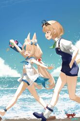 Rule 34 | 2girls, :d, absurdres, ahoge, animal ear fluff, arm up, bare arms, beach, bikini, bikini under clothes, black hair, blonde hair, blue bikini, blue bow, blue hair, blue overalls, blue sailor collar, blue shoes, blue sky, blunt bangs, bow, bucket, closed eyes, cloud, collared shirt, commentary, day, dooby (vtuber), dress, english commentary, fins, fish girl, fish tail, frilled shirt collar, frills, green eyes, hair bow, hands in pockets, highres, holding, holding bucket, indie virtual youtuber, kaniki (sameko saba), lifebuoy hair ornament, low twintails, mouse girl, mouse tail, multicolored hair, multiple girls, ocean, one side up, open mouth, outdoors, outstretched arms, overalls, partially unbuttoned, puffy short sleeves, puffy sleeves, sailor collar, sailor dress, sameko saba, sandals, seashell, shell, shirt, shoes, short hair, short shorts, short sleeves, shorts, sky, skytofu, sleeveless, sleeveless dress, smile, socks, streaked hair, striped bikini, striped clothes, swimsuit, tail, twintails, virtual youtuber, walking, white dress, white hair, white shirt, white shorts, white socks