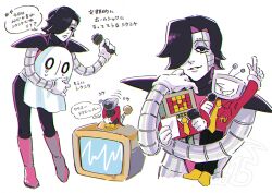 2boys ant_tenna arm_up black_eyes black_hair black_pants boots crt deltarune gloves holding holding_microphone holding_paper humanoid_robot iduhara_jugo jacket lips male_focus mechanical_arms mettaton mettaton_(box) mettaton_ex microphone multiple_boys multiple_views napstablook necktie object_head outstretched_arm pants paper parted_lips pink_boots pointing pointing_up pointy_nose red_jacket robot shoes short_hair smile speech_bubble undertale white_gloves yellow_necktie yellow_shoes