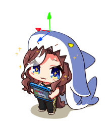 Rule 34 | + +, 1girl, :3, animal costume, blu-ray cover, blue eyes, brown hair, chibi, commentary, cover, daring heart (umamusume), holding, kni, long hair, looking at viewer, multicolored hair, shark costume, simple background, solo, streaked hair, symbol-only commentary, umamusume, white background, white hair