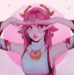 1girl absurdres animal_ear_piercing animal_ears armpits blush breasts closed_mouth crescentkitten detached_sleeves fox_ears fox_girl genshin_impact hands_up highres large_breasts long_hair looking_up nontraditional_miko pink_eyes pink_hair pink_lips sideboob sideways_glance simple_background solo twitter_username upper_body white_background yae_miko