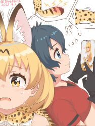 !? 2girls animal_ears black_gloves black_hair blonde_hair blue_eyes blush bow bowtie cat_ears cat_girl cat_tail collared_shirt crying extra_ears gloves hair_between_eyes highres kaban_(kemono_friends) kemono_friends multiple_girls open_mouth photo-referenced print_bow print_bowtie red_shirt serval_(kemono_friends) shirt short_hair short_sleeves sidelocks smile speech_bubble t-shirt tail thought_bubble travellerll white_shirt yellow_eyes