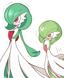 1boy 1girl arm_at_side arms_behind_back blush bob_cut closed_mouth colored_skin embarrassed flat_chest gardevoir gen_3_pokemon green_hair green_skin hair_over_one_eye happy hetero monya multicolored_skin nervous nintendo notice_lines offering_hand one_eye_covered open_mouth pokemon pokemon_(creature) short_hair simple_background smile standing sweat trap trembling two-tone_skin wavy_mouth white_background white_skin
