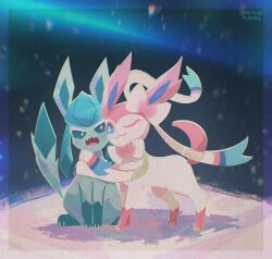 Rule 34 | ;3, angry, animal focus, aqua sclera, artist name, blue sclera, blush, border, bow, closed mouth, colored eyelashes, colored sclera, dated, fangs, gen 4 pokemon, gen 6 pokemon, glaceon, highres, mr h202, nintendo, no humans, one eye closed, open mouth, pokemon, pokemon (creature), pokemon focus, ribbon, smile, snow, snowing, sylveon, white eyes
