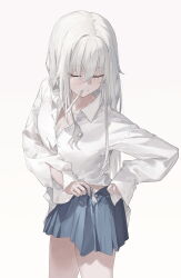 Rule 34 | 1girl, bra, breasts, button gap, character request, cleavage, closed eyes, collarbone, copyright request, cowboy shot, dressing, grey skirt, hair intakes, highres, lace, lace-trimmed bra, lace trim, long hair, medium breasts, miniskirt, pleated skirt, shirt, sidelocks, simple background, skirt, solo, soya (torga), standing, swept bangs, toothbrush, toothbrush in mouth, toothpaste, underwear, white background, white hair, white shirt