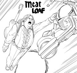 Rule 34 | 1boy, absurdres, bb (baalbuddy), character name, closed eyes, flying, full body, greyscale, highres, long hair, male focus, meat loaf (musician), monochrome, motor vehicle, motorcycle, open mouth, real life