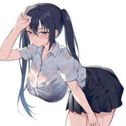 Rule 34 | 1girl, alexmaster, arm up, bent over, black bra, black hair, black skirt, blush, bra, bra visible through clothes, breasts, closed mouth, collarbone, commentary request, crossed bangs, hair between eyes, hanging breasts, highres, large breasts, long hair, original, pleated skirt, purple eyes, school uniform, see-through clothes, shirt, short sleeves, sidelocks, simple background, skirt, solo, twintails, underwear, wet, wet clothes, wet shirt, white background, white shirt