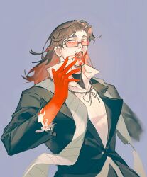1boy black_hair black_suit blood blood_on_arm blood_on_hands blood_on_mouth brown_hair collared_shirt curtained_hair formal_clothes glowing glowing_hair gregor_(project_moon) highres jing84672940 la_manchaland_(identity)_(project_moon) limbus_company long_hair male_focus neck_ribbon open_mouth project_moon red-framed_eyewear red_eyes ribbon sharp_teeth shirt solo stole striped_clothes striped_shirt suit teeth upper_body white_shirt