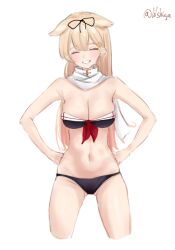 adapted_costume bikini black_bikini blonde_hair breasts cleavage closed_eyes cowboy_shot front-tie_bikini_top front-tie_top hair_flaps hands_on_own_hips highres kantai_collection lilshigu long_hair medium_breasts navel one-hour_drawing_challenge sailor_bikini sailor_collar scarf simple_background strapless strapless_bikini swimsuit twitter_username white_background white_scarf yuudachi_(kancolle) yuudachi_kai_ni_(kancolle) yuudachi_kai_ni_(swimsuit)_(kancolle)