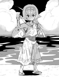 1girl beach blush cloud cloudy_sky collarbone dancho_no_mori facing_viewer fishing_line fishing_rod gen_3_pokemon greyscale highres lana_(pokemon) looking_at_viewer luvdisc medium_hair monochrome nintendo one-piece_swimsuit pokemon pokemon_sm sailor_collar sandals sketch sky solo swimsuit swimsuit_under_clothes water wet