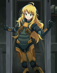 Rule 34 | 1girl, ahoge, armor, blonde hair, closed mouth, commentary, cosplay, english commentary, giascle, gordon freeman, gordon freeman (cosplay), green eyes, half-life (series), hands up, hev suit, highres, hoshii miki, idolmaster, idolmaster (classic), indoors, long hair, looking down, smile, solo, standing