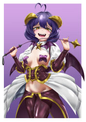 1girl absurdres ahoge blush breasts commentary_request corset cross-shaped_pupils demon_horns demon_wings elbow_gloves facial_tattoo fangs gloves groin heart heart_ahoge highres hiiragi_utena holding holding_riding_crop horns looking_at_viewer low_wings lowleg lowleg_pants magia_baiser mahou_shoujo_ni_akogarete marilyn12_25 medium_breasts midriff nail_polish naughty_face navel open_mouth pants pasties purple_background purple_corset purple_gloves purple_hair purple_pants revealing_clothes riding_crop shrug_(clothing) simple_background smile solo star_(symbol) star_pasties symbol-shaped_pupils tattoo teeth upper_teeth_only wings yellow_eyes