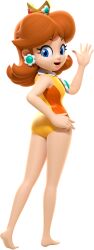 Rule 34 | 1girl, 3d, absurdres, ass, bare shoulders, barefoot, blue eyes, breasts, brooch, brown hair, crown, earrings, feet, female focus, flower earrings, from behind, full body, gem, green gemstone, hand on own hip, hand up, happy, heel up, highres, jewelry, kneepits, legs, leotard, looking at viewer, looking back, mario &amp; sonic (series), mario &amp; sonic at the rio 2016 olympic games, mario (series), medium hair, mini crown, multicolored leotard, nintendo, official art, open mouth, princess daisy, princess daisy (gymnastics), red gemstone, simple background, small breasts, smile, soles, solo, standing, thighs, third-party source, transparent background, two-tone leotard, waving, yellow crown, yellow leotard
