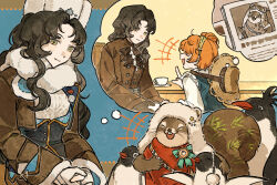 +++ 1boy 2girls 3others artist_request badge bird black_hair blue_shirt brown_jacket buddy_fairchild closed_eyes closed_mouth fur-trimmed_jacket fur_hat fur_trim gloves hat highres jacket laughing looking_at_another lopera_(reverse:1999) moldir_(reverse:1999) multiple_girls multiple_others official_art open_mouth orange_hair penguin reverse:1999 shirt sitting smile speech_bubble spoken_character squirrel squirrel_tail sun_hat tail thought_bubble white_gloves