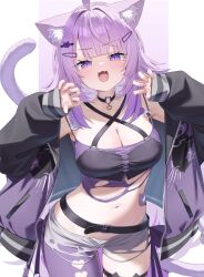 1girl absurdres ahoge ai_(u_e_o_o) animal_ear_fluff animal_ears belt black_belt blunt_bangs breasts camisole cat_ears cat_girl cat_tail choker claw_pose cleavage clothing_cutout cowboy_shot criss-cross_halter fishnet_thighhighs fishnets halterneck hands_up heart_cutout highres hololive jacket large_breasts long_hair long_sleeves looking_at_viewer midriff navel nekomata_okayu nekomata_okayu_(personya_respect) o-ring o-ring_choker official_alternate_costume official_alternate_hair_length official_alternate_hairstyle open_clothes open_fly open_jacket open_mouth purple_eyes purple_hair purple_jacket short_shorts shorts simple_background single_leg_pantyhose solo tail thighhighs torn_camisole torn_clothes torn_shorts virtual_youtuber