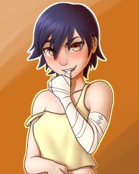 1girl absurdres bakemonogatari bandaged_arm bandages biting biting_own_thumb blue_hair blush breasts female_focus hair_between_eyes highres kanbaru_suruga looking_at_viewer midriff monogatari_(series) naughty_face nipples pudgeruffian shirt short_hair solo strap_slip tank_top upper_body yellow_eyes yellow_shirt