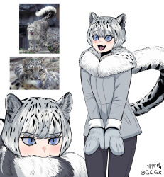 1girl :3 :d absurdres animal_ear_fluff animal_ears annoyed artist_name biting_own_tail black_eyeliner black_fur black_hair black_leggings blue_eyes blunt_bangs blush bob_cut breasts cat_ears cat_girl cat_tail closed_mouth coat covered_mouth creature_and_personification embarrassed excited eyelashes eyeliner fangs fur-trimmed_coat fur_trim furrowed_brow gegegekman grey_coat grey_mittens hair_between_eyes happy highres korean_text leggings leopard_ears leopard_girl leopard_tail looking_afar looking_ahead makeup mittens multiple_views open_mouth original own_hands_together personification photo_inset raised_eyebrows reference_inset short_hair signature simple_background small_breasts smile snow_leopard snow_leopard_ears snow_leopard_girl snow_leopard_tail solo_focus spotted_hair standing stretching tail tail_around_neck tail_raised tongue twitter_username v_arms white_background white_fur white_hair wide-eyed winter_clothes