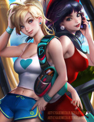 2girls archie archie_comics artist_name back-to-back bag betty_cooper bike_shorts black_hair blonde_hair blue_eyes blue_sky bookbag breasts cellphone cleavage dress earrings gradient_background handbag high_ponytail jewelry lipstick looking_at_viewer makeup marker midriff multiple_girls nail_polish pencil phone ponytail realistic red_dress red_lips sakimichan short_dress short_shorts shorts sky smartphone smile tank_top veronica_lodge watermark web_address wristband