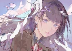 1girl blue_eyes blunt_bangs blurry blurry_background close-up dress earpiece earrings fish hair_floating_upwards hair_ornament hairclip head_tilt headpiece highres honkai:_star_rail honkai_(series) hysilens_(honkai:_star_rail) in_water jewelry leaning_to_the_side long_hair long_sleeves looking_at_viewer looking_to_the_side parted_lips pearl_earrings pink_lips purple_hair solo sumi_(suumiko_) unfinished upper_body