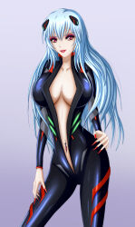 Rule 34 | 1girl, ayanami rei, black bodysuit, blue hair, bodysuit, breasts, collarbone, corruption, dark persona, eyeshadow, fingernails, highres, kiryu (pixiv1983506), long hair, makeup, mecha pilot suit, medium breasts, navel, navel piercing, neon genesis evangelion, piercing, plugsuit (evangelion), red eyes, red eyeshadow, red lips, red nails, sharp fingernails, smile, solo, unzipped