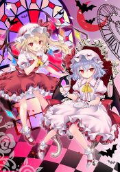 2girls :d ascot bat_wings blonde_hair blue_hair center_frills chair collared_shirt cup double-parted_bangs flandre_scarlet frilled_shirt_collar frills hat holding holding_cup holding_saucer long_hair looking_at_viewer mary_janes medium_hair mob_cap multiple_girls one_side_up open_mouth pink_background pink_hat pink_shirt pink_skirt puffy_short_sleeves puffy_sleeves red_eyes red_ribbon red_shoes red_skirt red_vest remilia_scarlet ribbon saucer shirogane_hina shirt shoes short_sleeves siblings sisters sitting skirt smile socks teacup touhou vest white_hat white_shirt white_shoes white_socks wings wrist_cuffs yellow_ascot
