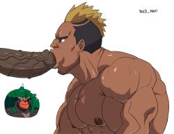 2boys bara beard_stubble black_hair blonde_hair commentary ear_piercing erection facial_hair fellatio foreskin furry furry_male gen_8_pokemon highres huge_penis large_pectorals male_focus mohawk multicolored_hair multiple_boys muscular muscular_male ne0_navi nintendo nipples oral original pectorals penis piercing pokemon rillaboom simple_background solo_focus stubble symbol-only_commentary two-tone_hair upper_body veins veiny_penis white_background yaoi