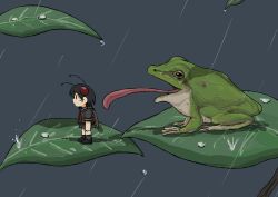 1girl antennae arthropod_girl black_hair black_serafuku bug fly frog highres impending_death insect kishimen_udn leaf mini_person minigirl original personification rain school_uniform serafuku short_hair simple_background you_gonna_get_eaten