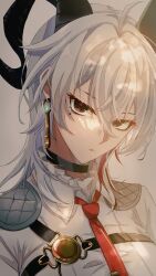 1girl ahoge bags_under_eyes black_choker black_eyes black_horns breasts chest_harness choker collared_shirt commentary curled_horns earrings hair_between_eyes harness hashtag-only_commentary horns jewelry kar1n3200 key_earrings large_breasts long_hair looking_at_viewer mole mole_under_eye multicolored_eyes multicolored_hair necktie photo_(medium) portrait red_eyes red_necktie shirt simple_background solo streaked_hair two-tone_eyes white_background white_shirt wuthering_waves zani_(wuthering_waves)
