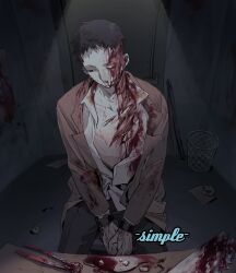 1boy black_background black_hair black_pants blood blood_on_chest blood_on_clothes blood_on_face blood_on_hands bound bound_wrists brown_coat chair closed_mouth coat collared_coat collared_shirt commentary commission cuts door english_commentary guro highres indoors injury long_sleeves male_focus one_eye_closed open_clothes open_shirt original pants pliers pool_of_blood saw shirt short_hair sitting solo spotlight table tooth torture trash_can very_short_hair yulei_yuuuuu
