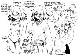 1girl baggy_clothes bags_under_eyes bikini black_panties bow bowtie bra breasts camisole dizzyspells english_text garter_straps gloom_(expression) highres looking_at_viewer medium_hair monochrome original panties reference_sheet side-tie_bikini_bottom side-tie_panties skinny skirt sleeves_past_wrists small_breasts sweater swimsuit thighhighs training_bra underwear unkempt wavy_hair wavy_mouth