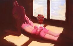 1girl animal_ears bra cursedweeboo feet_out_of_frame food highres indoors long_hair lying on_stomach pajamas parfait phase_connect pink_bra pink_eyes pink_pajamas pink_shorts pipkin_pippa rabbit_ears rabbit_girl rabbit_tail shorts solo strawberry_parfait tail underwear virtual_youtuber window
