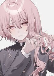 Rule 34 | 1other, absurdres, akiyama mizuki, black jacket, blunt bangs, cutting hair, gakuran, grin, hair between eyes, hair focus, hair intakes, hand in own hair, highres, holding, holding scissors, hue 0813, jacket, long hair, looking at viewer, non-web source, other focus, pink eyes, pink hair, project sekai, school uniform, scissors, shirt, sidelocks, simple background, smile, solo, speech bubble, villain (vocaloid), white background, white shirt