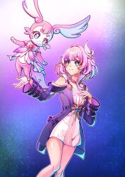 Rule 34 | 1girl, absurdres, bare shoulders, blue eyes, commentary, cookienim, cyrene (honkai: star rail), dress, feet out of frame, hair intakes, hair ribbon, highres, honkai: star rail, honkai (series), jewelry, long sleeves, mem (honkai: star rail), necklace, off-shoulder dress, off shoulder, pink hair, purple dress, ribbon, short dress, smile, standing, thighs, white ribbon