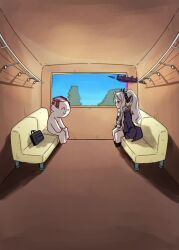 animated aoba_(blue_archive) armband blonde_hair blue_archive bowing demon_tail gloves green_hair halo hat highres hikari_(blue_archive) hina_(blue_archive) jacket nozomi_(blue_archive) peaked_cap purple_eyes red_eyes sensei_(blue_archive) siblings sisters sound tagme tail ticket train train_interior video white_hair yellow_eyes
