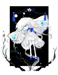 1girl absurdres arthropod_girl blue_eyes blue_ribbon blue_shoes chinese_commentary colored_skin commentary_request commission deformed dress flower full_body highres insect_girl insect_wings mary_janes moth_antennae moth_girl moth_wings neck_ribbon no_mouth no_nose original ribbon shoes solo tassel vihua6 watermark white_dress white_flower white_skin wings