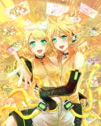 1boy 1girl aqua_eyes arm_warmers blonde_hair brother_and_sister detached_sleeves hair_ornament hair_ribbon hairclip highres kagamine_len kagamine_len_(append) kagamine_rin kagamine_rin_(append) navel open_mouth ribbon short_hair siblings smile twins vocaloid vocaloid_append zashiki_usagi