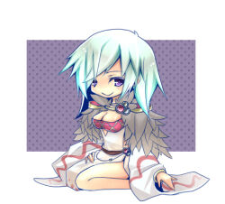 1girl akanegusa belt blue_eyes breasts brown_belt cleavage closed_mouth commentary_request detached_sleeves dress full_body fur_collar looking_at_viewer lowres medium_breasts medium_hair purple_background purple_eyes ragnarok_online seiza sitting sleeveless sleeveless_dress smile solo sorcerer_(ragnarok_online) white_background white_dress white_sleeves